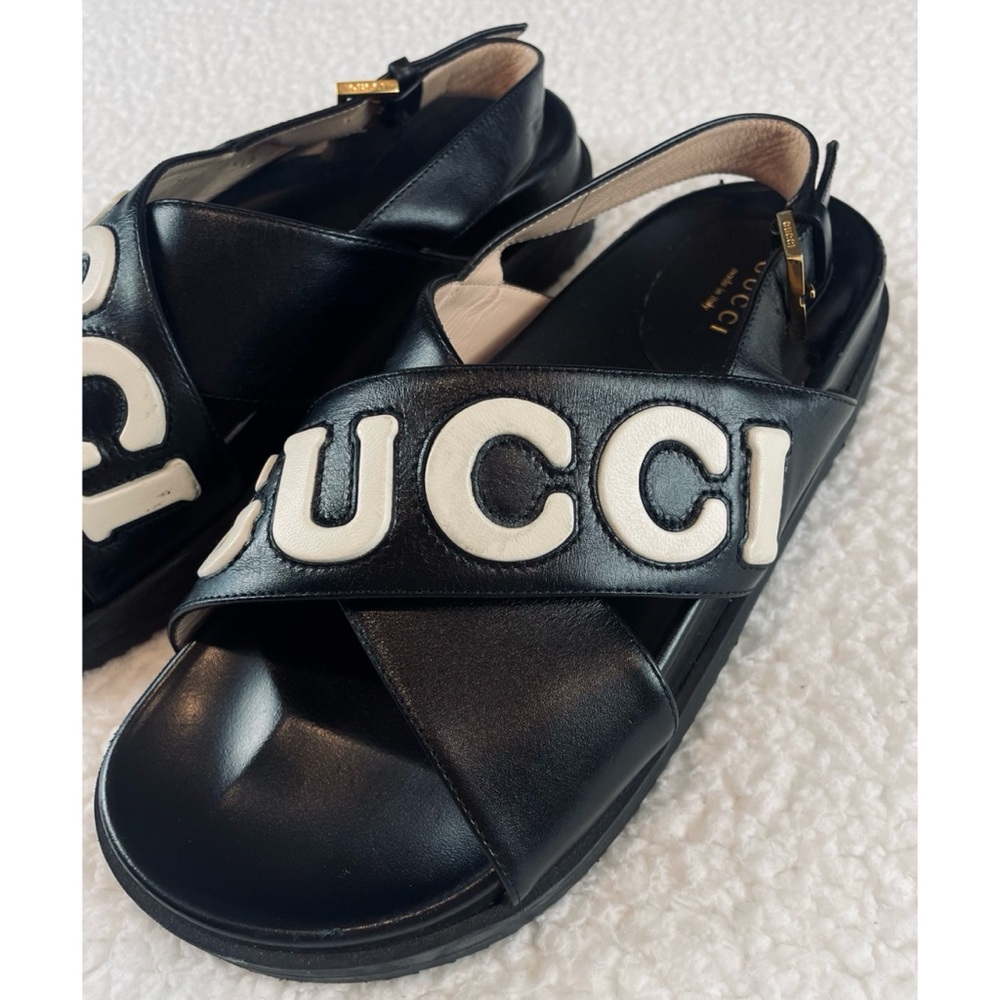 GUCCI • Black Ornella Logo Appliqué Crossover Leather Slingback Sandals, 8.5 - Picture 10 of 16